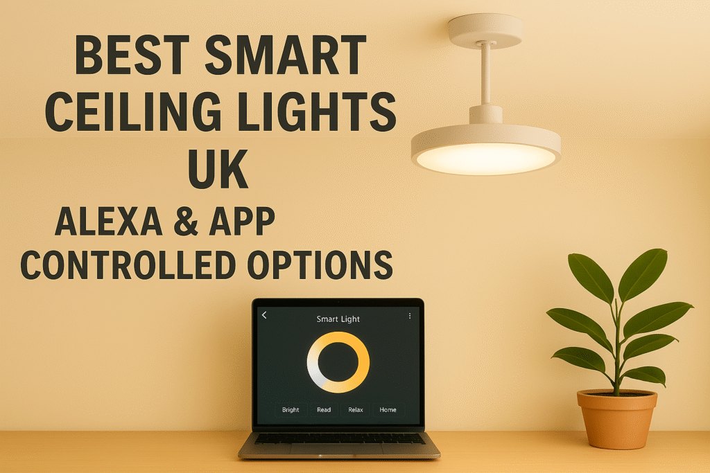 Featured image showing a modern smart ceiling light switched on above a beige room. Below it is an open laptop displaying a smart-light control app, and to the right sits a small green indoor plant in a terracotta pot. Large bold title text reads: “Best Smart Ceiling Lights UK — Alexa & App Controlled Options.”