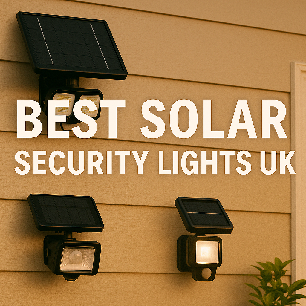 Featured image showing three outdoor solar-powered security lights with motion sensors mounted on a beige exterior wall. Large text reads “Best Solar Security Lights UK.” A small plant and partial door frame are visible at the side of the image.