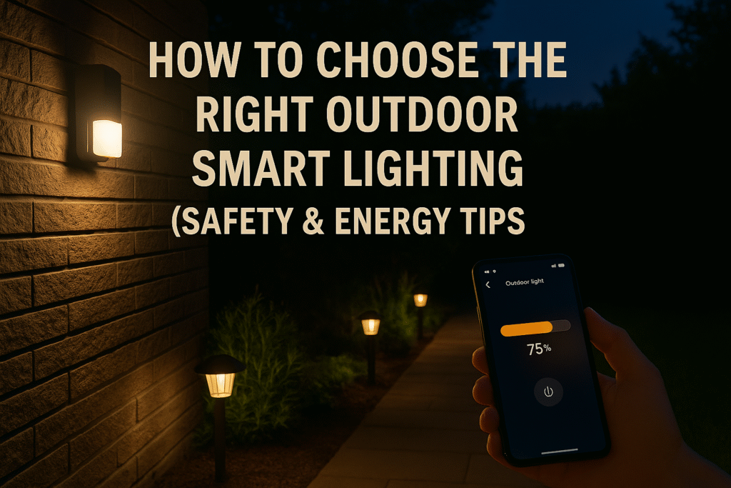 Featured image showing an outdoor garden at night with pathway smart lights illuminating a footpath. A wall-mounted smart light glows beside a brick exterior. A hand holds a smartphone displaying brightness control for the lights. Large text reads “How to Choose the Right Outdoor Smart Lighting (Safety & Energy Tips).”
