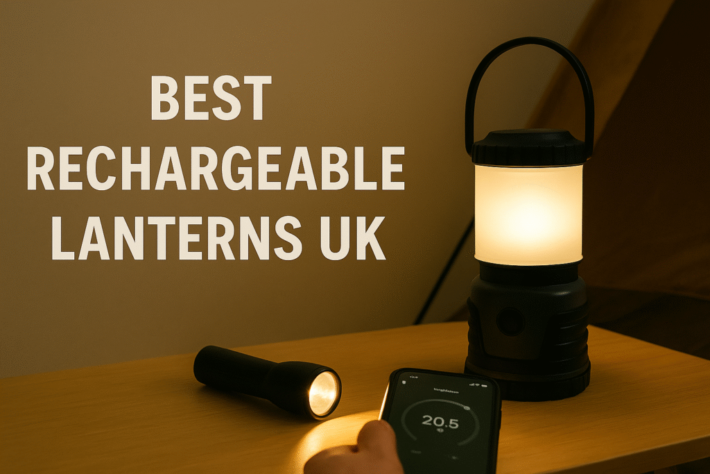 Featured image showing a rechargeable camping lantern glowing on a wooden surface beside a flashlight and a smartphone. A tent wall is visible in the background. Bold text on the left reads “Best Rechargeable Lanterns UK.” Warm, low-light scene suitable for power cuts or camping.