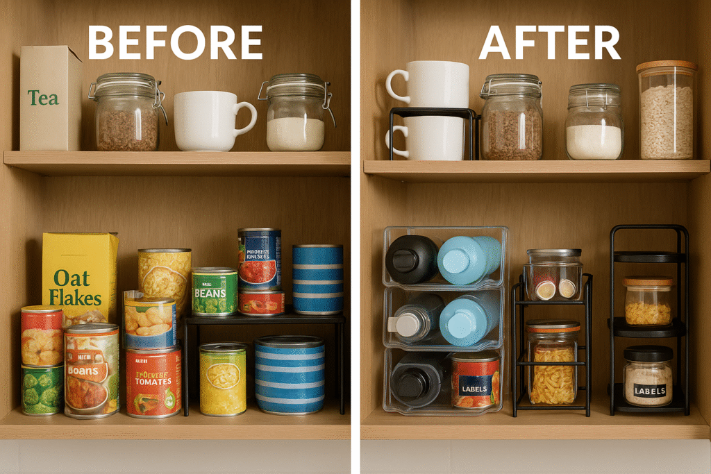 Before and after photo of a UK kitchen cupboard showing cluttered shelves transformed using stackable organisers, bottle trays, and pull-out drawers.