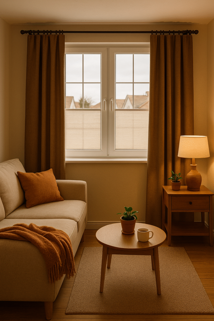 Warm UK living room with double-glazed insulated windows, thermal curtains, beige sofa, and soft lamp lighting creating a cosy and energy-efficient atmosphere.