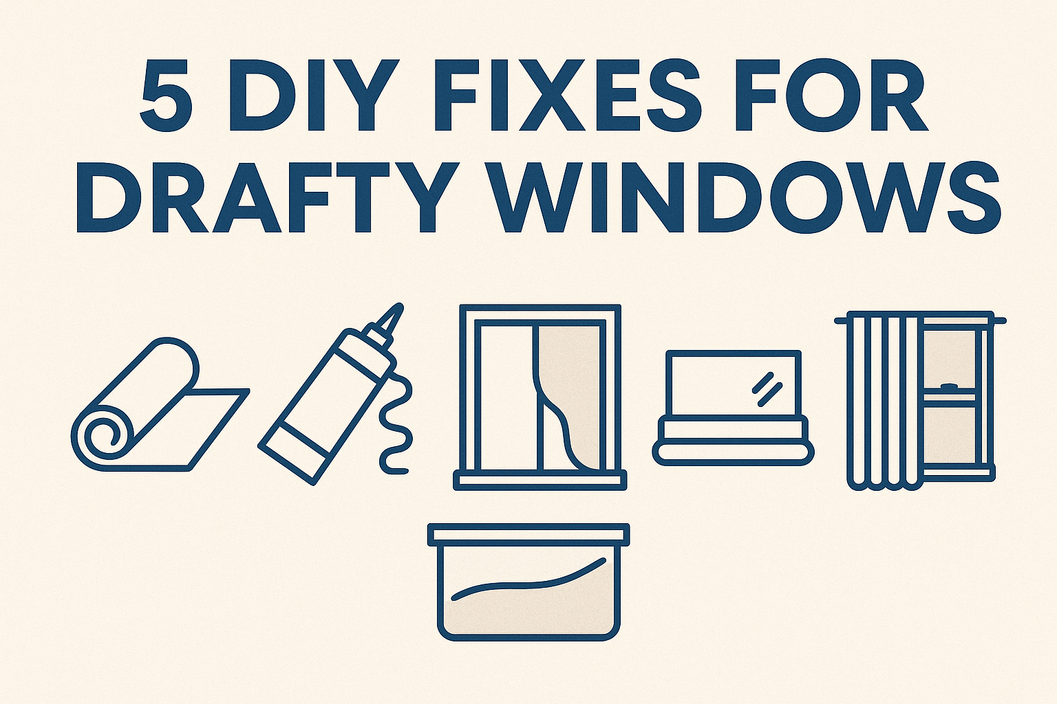 Stop heat escaping through windows . Infographic titled ‘5 DIY Fixes for Drafty Windows’ showing icons for insulation film, sealant, curtains, and window draft stoppers on a beige background