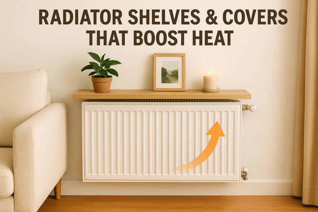 radiator with wooden shelf deflecting heat forward in cosy UK living room, showing efficient way to boost warmth and decorate space