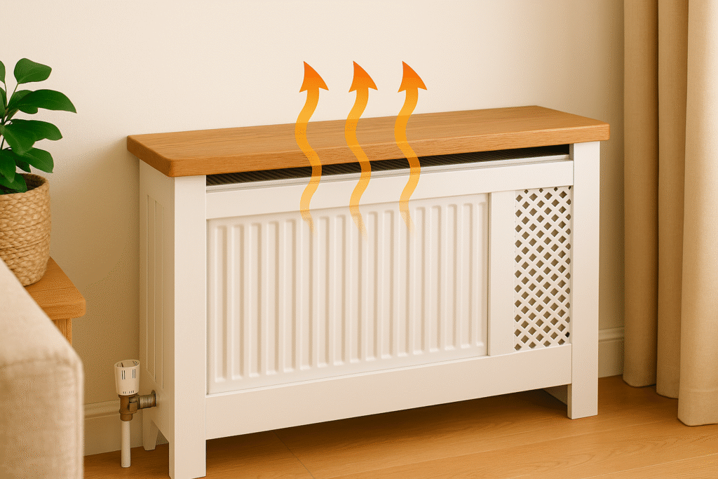 radiator cover with airflow vents releasing warm air upwards, showing improved heat circulation and energy efficiency in a cosy UK home