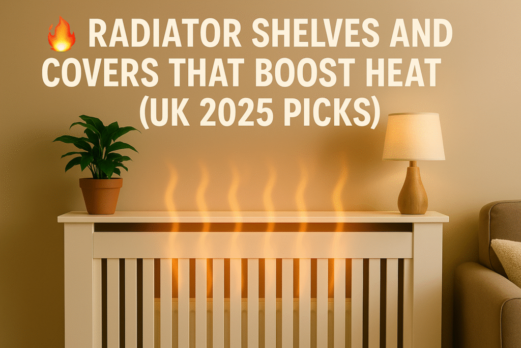 radiator cover with warm airflow rising, topped with lamp and houseplant — cosy UK living room scene for “radiator shelves and covers that boost heat