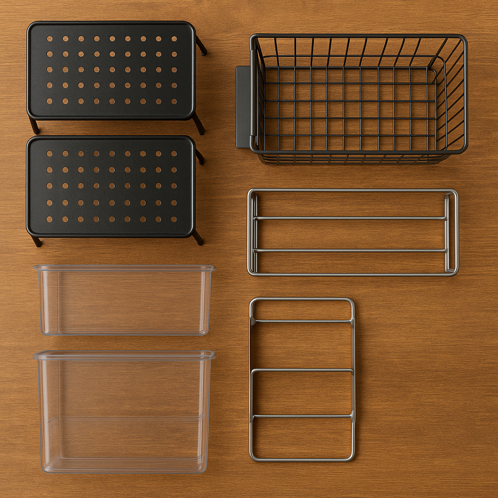Flat lay of kitchen cupboard organisers including stackable risers, pull-out baskets, spice rack, and clear storage bins on a wooden background.