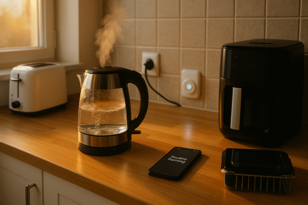 “Flat-lay of smart kitchen appliances including kettle, coffee machine, smart plug, and smartphone running an automated morning routine app on a wooden surface.”