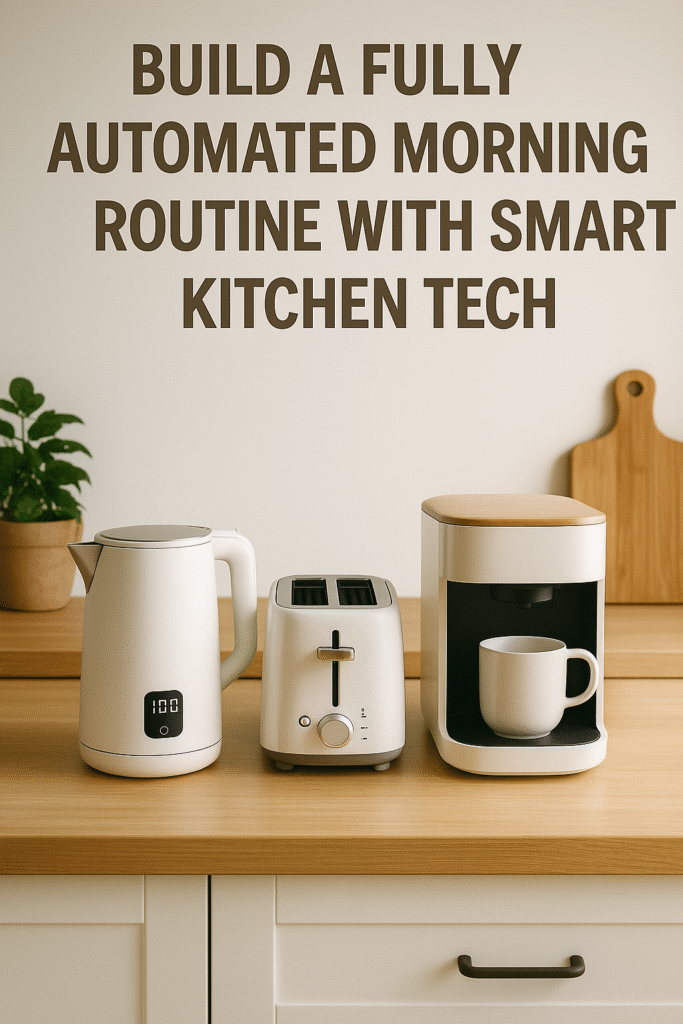 "Modern UK kitchen countertop with a sleek smart kettle and toaster, softly lit by natural daylight, representing smart kitchen hacks and efficient home design."