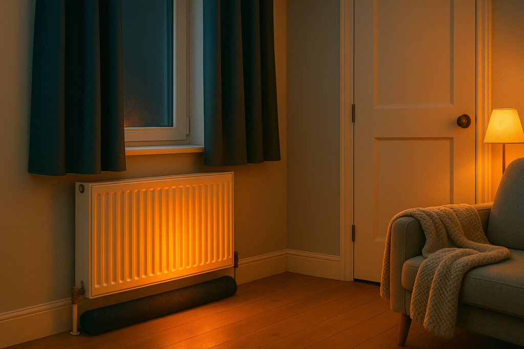 glowing radiator under window with thick curtains and door draft stopper — showing how to make a cold UK room warm and energy efficient