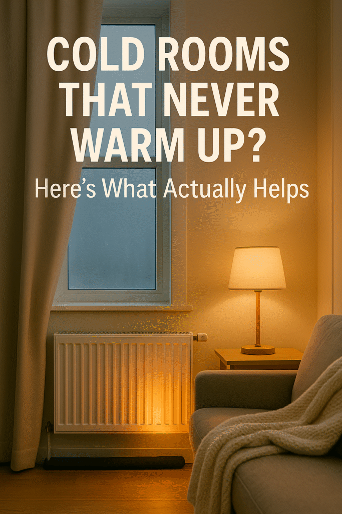 cold UK room turning warm with glowing radiator and lamp — visual contrast showing effective heating solutions for rooms that never warm up