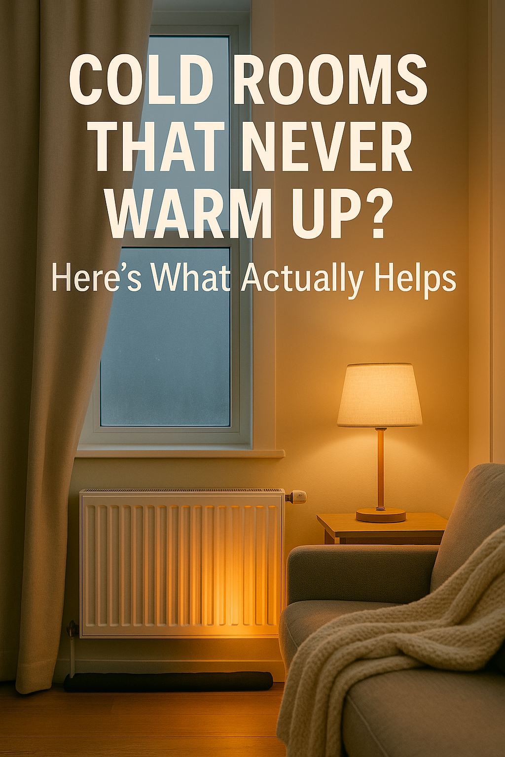 cold UK room turning warm with glowing radiator and lamp — visual contrast showing effective heating solutions for rooms that never warm up