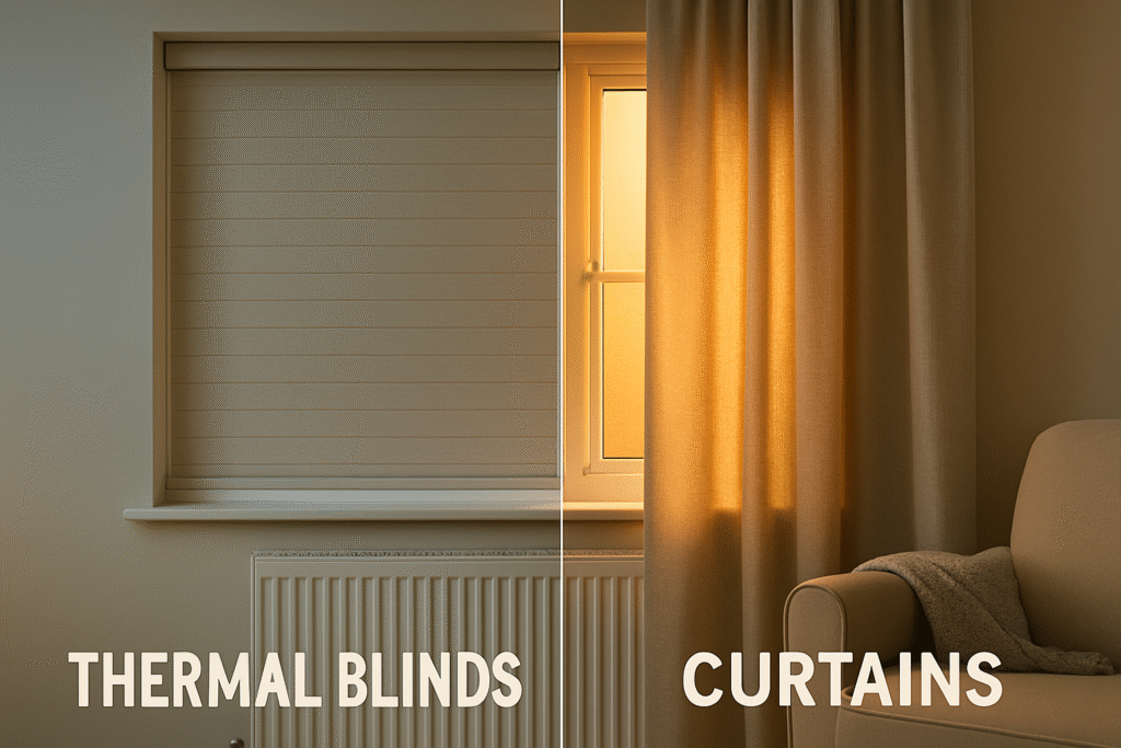 Thermal blinds vs curtains side-by-side comparison of thermal blinds and curtains showing difference in heat retention and lighting in a modern UK home