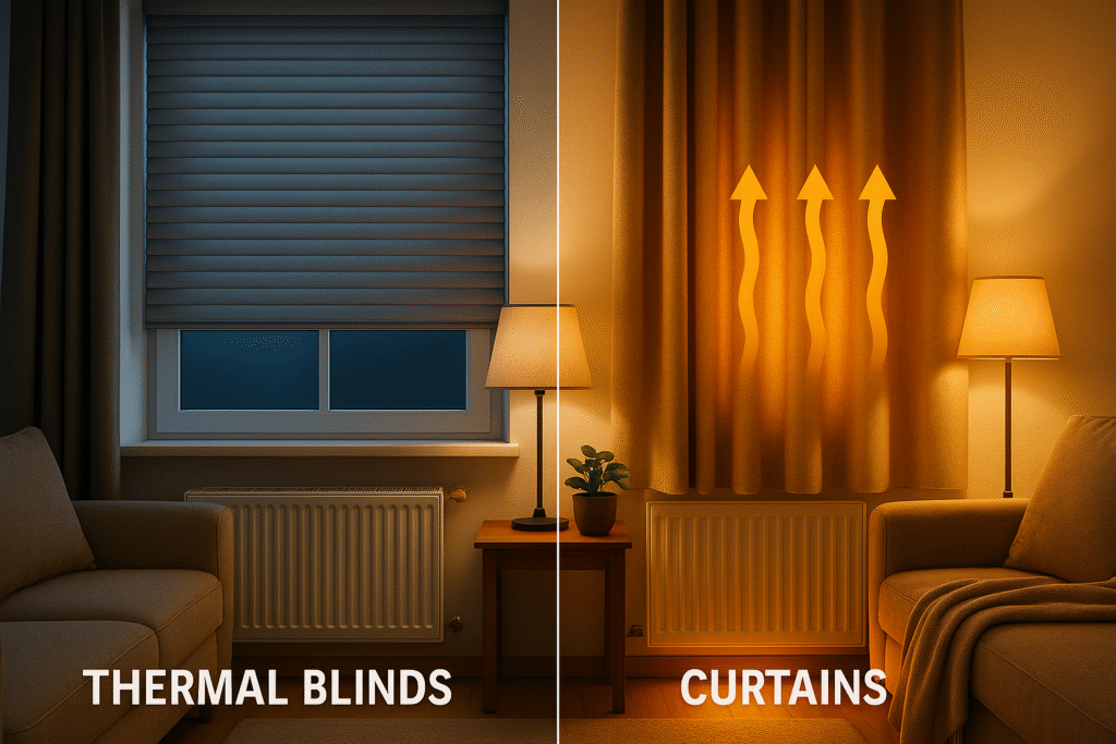 side-by-side comparison of thermal blinds and curtains showing heat retention — blinds in cool blue light vs curtains glowing with heat waves in warm UK living room