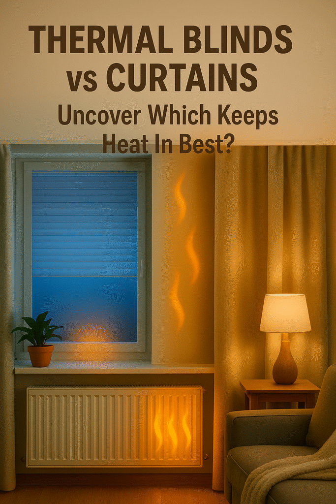 side-by-side scene showing thermal blinds and curtains both keeping cold out and heat in — blue cool tones outside and warm orange glow inside for balanced insulation effect