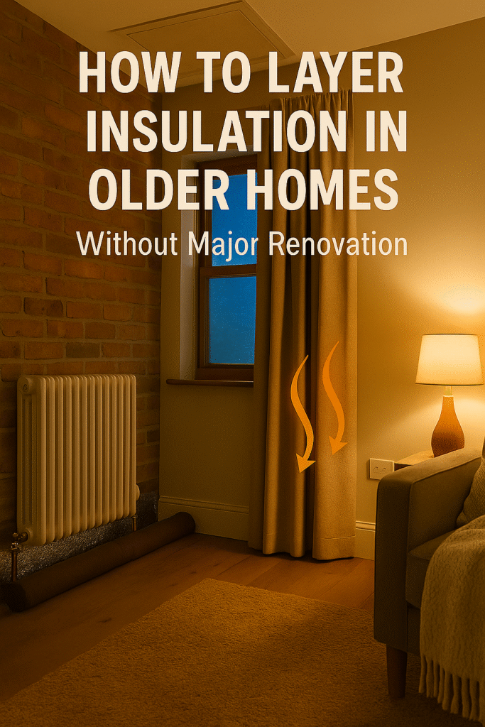 cosy older UK home interior with radiator, thick curtains, and warm lighting — showing easy insulation upgrades without renovation