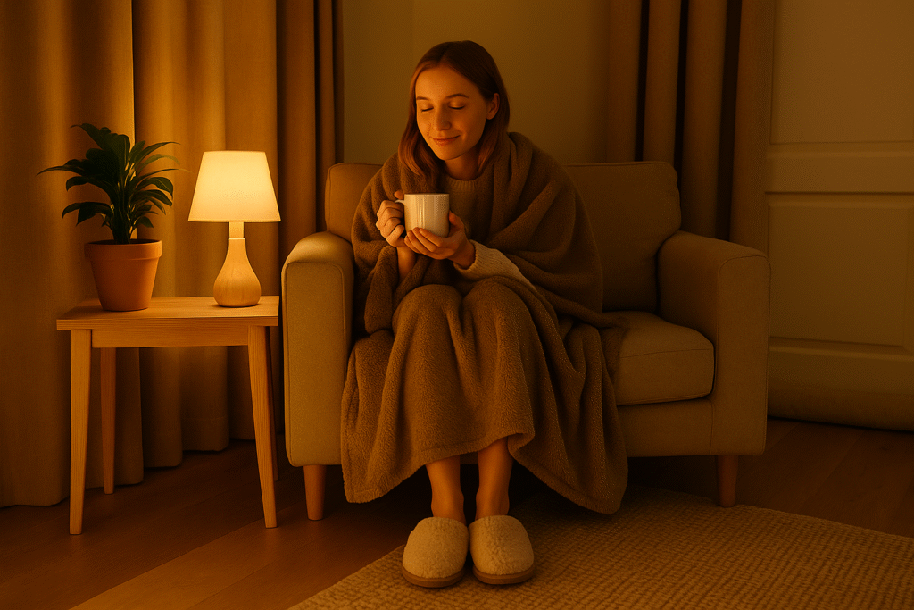 cosy UK living room with woman wrapped in blanket holding warm mug — showing comfort and affordable ways to stay warm without using the thermostat