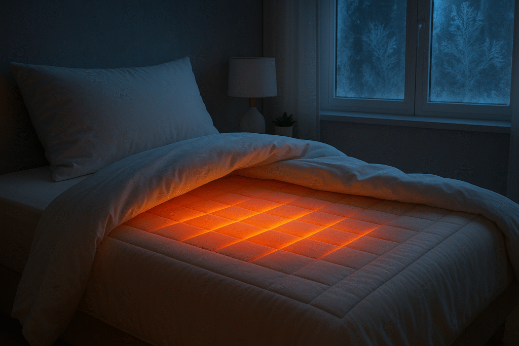 A cozy bed with a heated mattress topper glowing warmly under a white duvet in a cold, frosty bedroom, contrasting the orange warmth of the bed with the blue tones of the icy window.