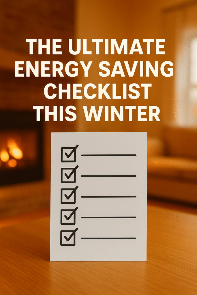A warm, cozy living room with a fireplace glowing in the background and a checklist card on a wooden table in the foreground, titled “The Ultimate Energy Saving Checklist This Winter,” symbolizing comfort and preparedness for the cold season.