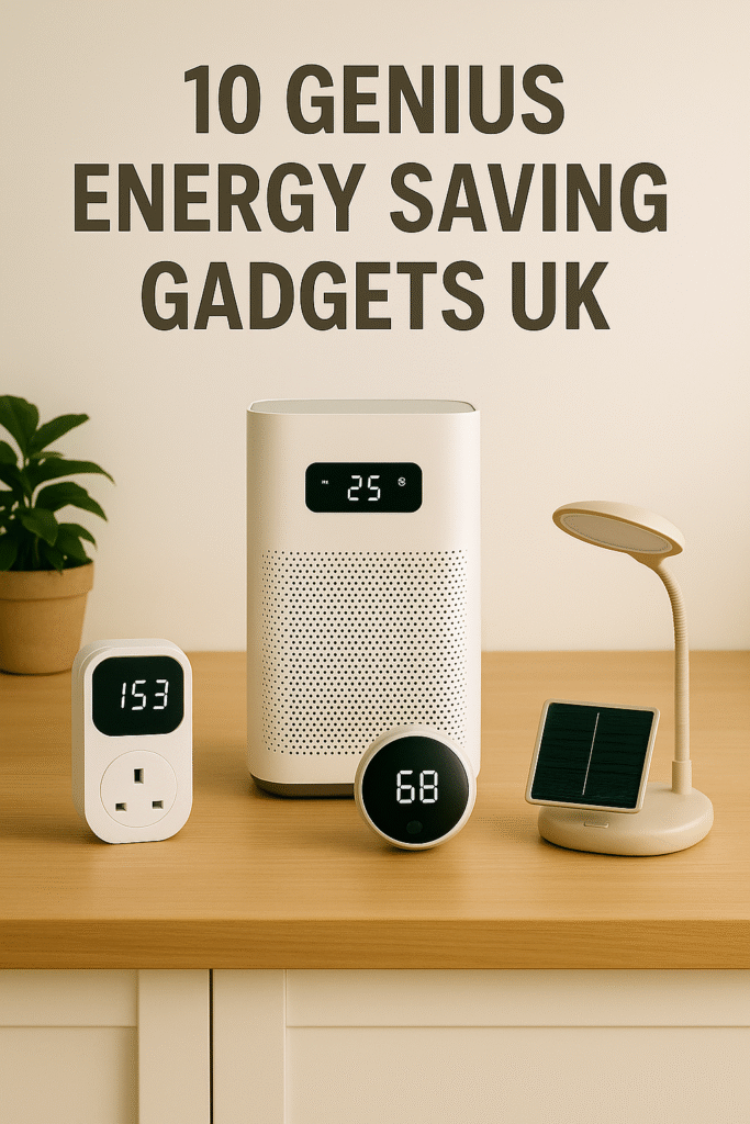 A warm-toned kitchen countertop displaying energy-saving gadgets including a smart plug, digital thermostat, air purifier, and solar-powered desk lamp, with the title “10 Genius Energy Saving Gadgets UK” on the wall behind.