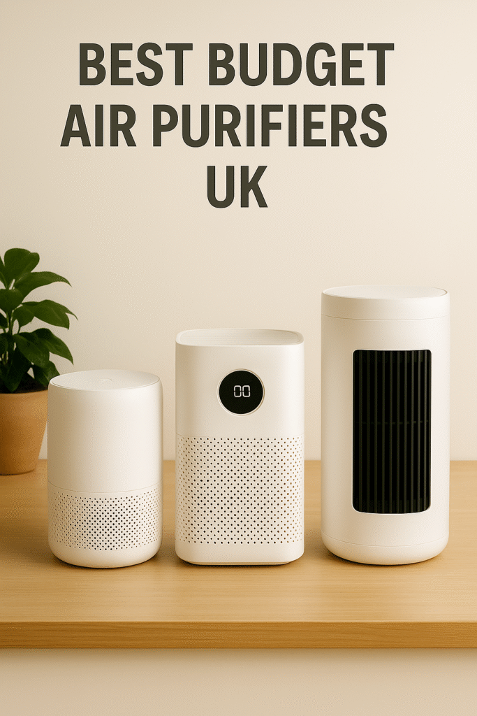 Three stylish air purifiers of varying sizes on a light wood countertop with a plant in the background, under text reading “Best Budget Air Purifiers UK.”