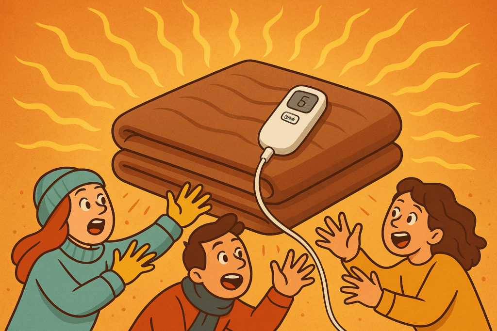 Cartoon-style illustration of three people reaching excitedly for a glowing heated blanket emitting warm waves, symbolising its cosy warmth and popularity during winter.