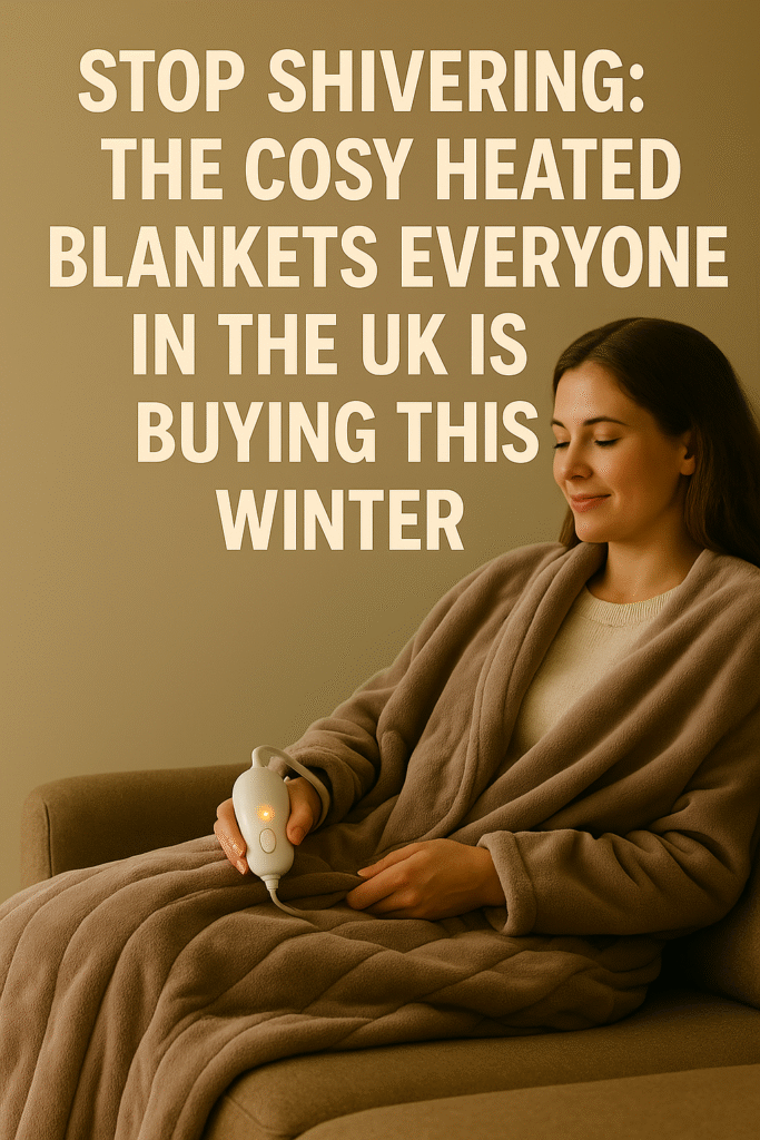 woman sitting on sofa wrapped in heated blanket holding controller — cosy UK home scene showing comfort and warmth during winter