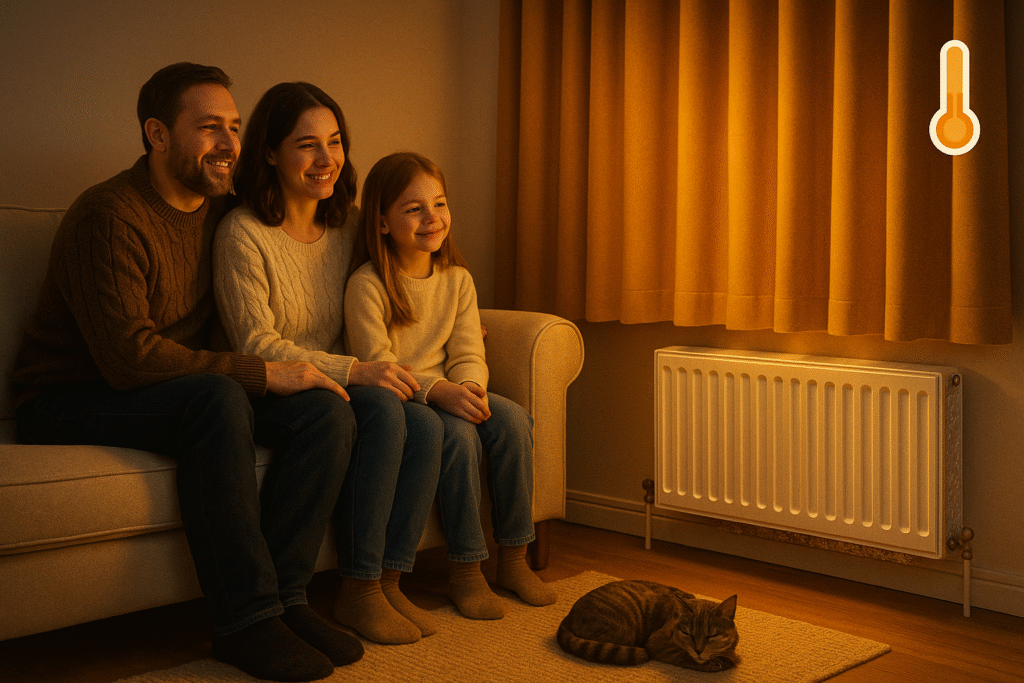 Family sitting warmly together on a sofa in a UK living room with thermal curtains drawn and radiator glowing, showing the comfort and energy savings from keeping heat in.