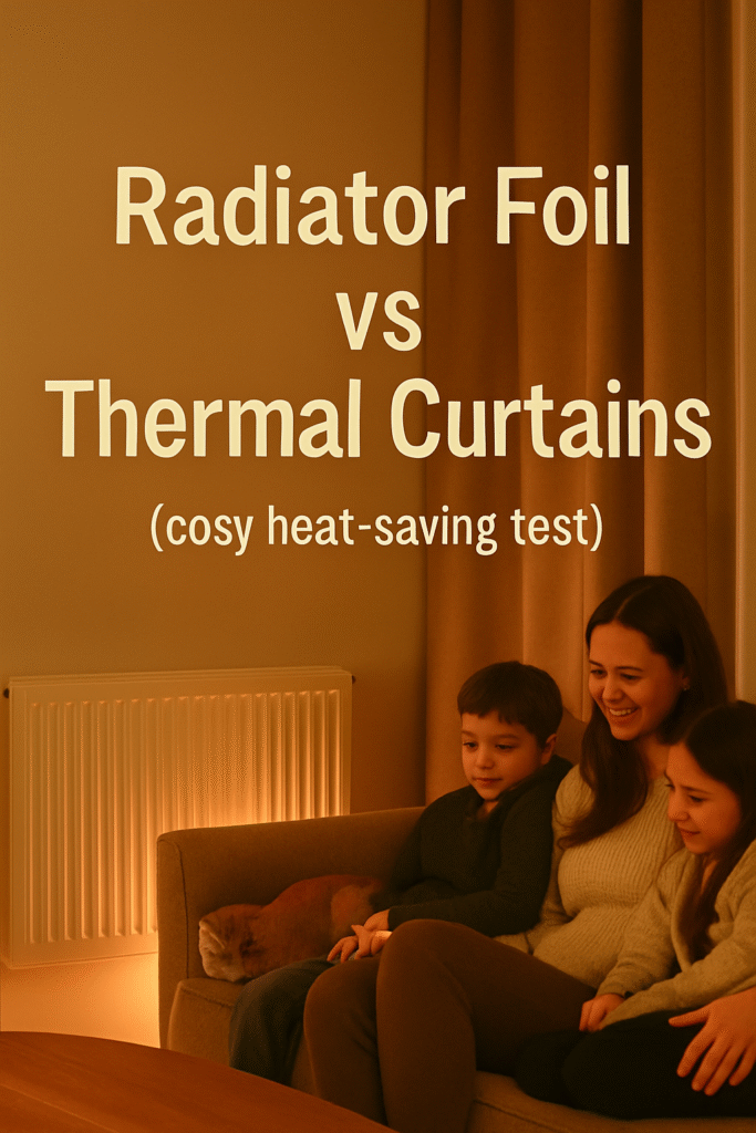 Warm, cosy UK living room with glowing radiator, thick thermal curtains, and family sitting together on a sofa — text overlay reads “Radiator Foil vs Thermal Curtains (cosy heat-saving test