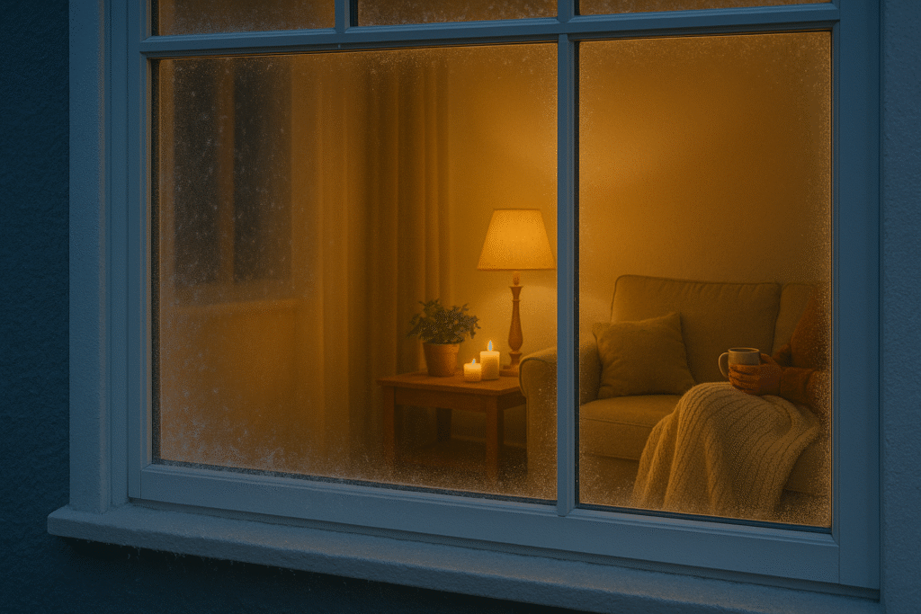 Warm, softly lit living room with a glowing lamp, beige sofa, and blanket draped over the side, featuring bold text that reads “Hidden Ways to Keep Heat In This Winter.”