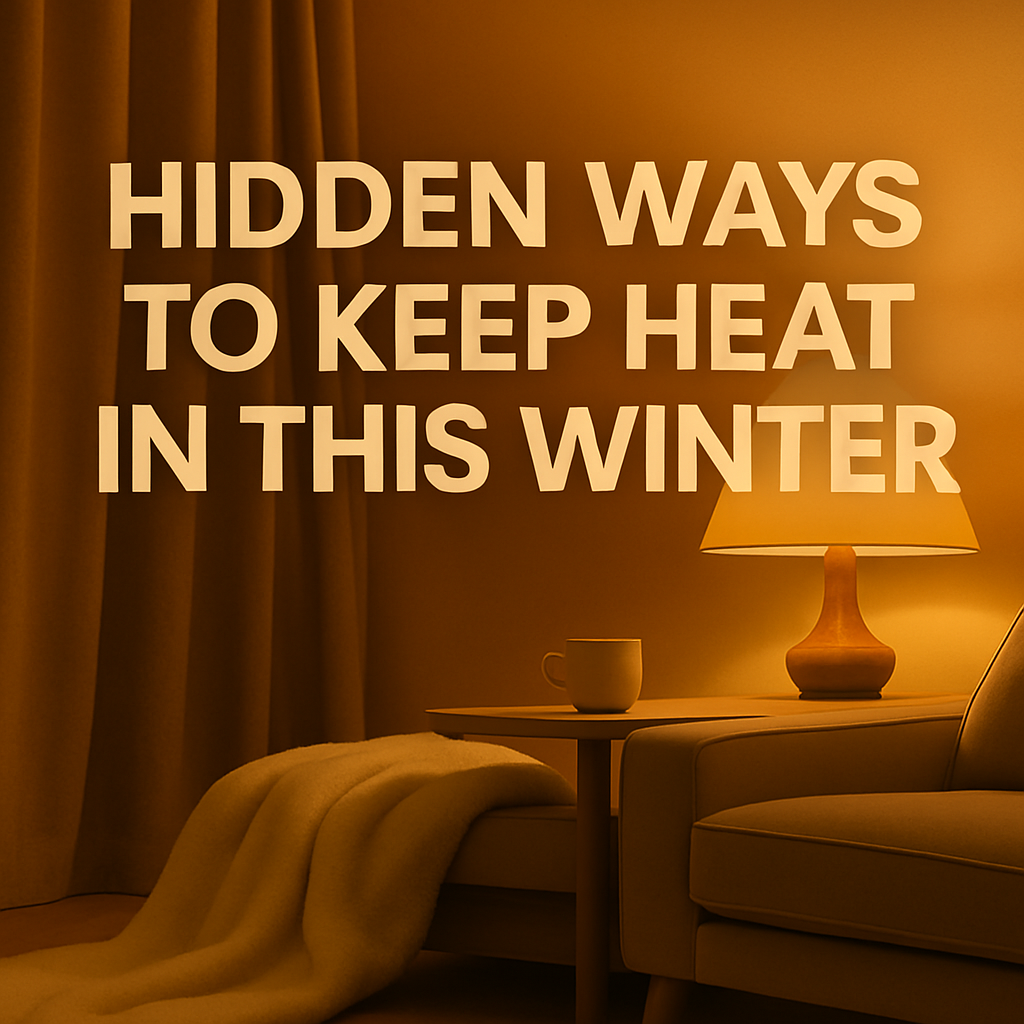 Warm, softly lit living room with a glowing lamp, beige sofa, and blanket draped over the side, featuring bold text that reads “Hidden Ways to Keep Heat In This Winter.”