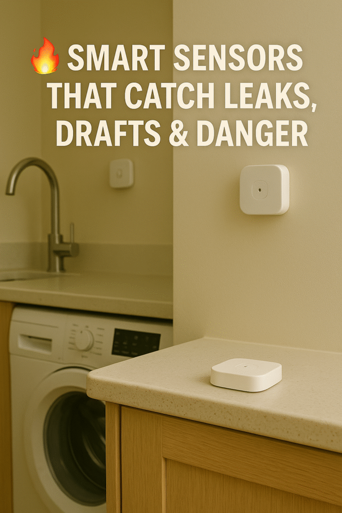 Smart home sensors detecting leaks, drafts, and danger in a modern UK kitchen — a white sensor sits on the countertop while another is mounted on the wall beside a washing machine and sink.