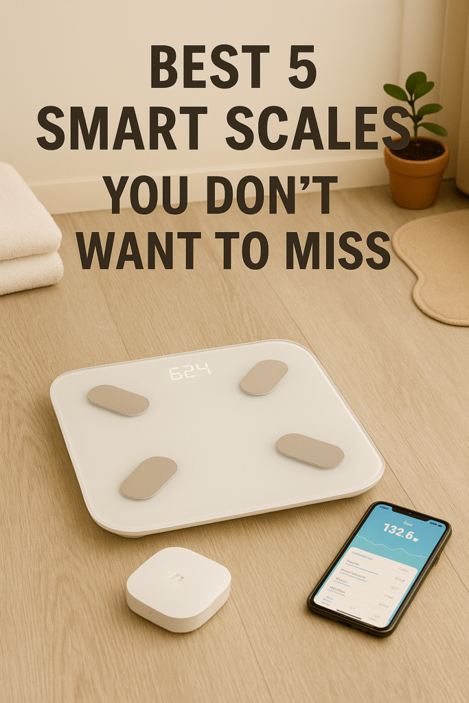 Modern smart scale with smartphone showing weight tracking data in a clean, minimalist UK bathroom setting.