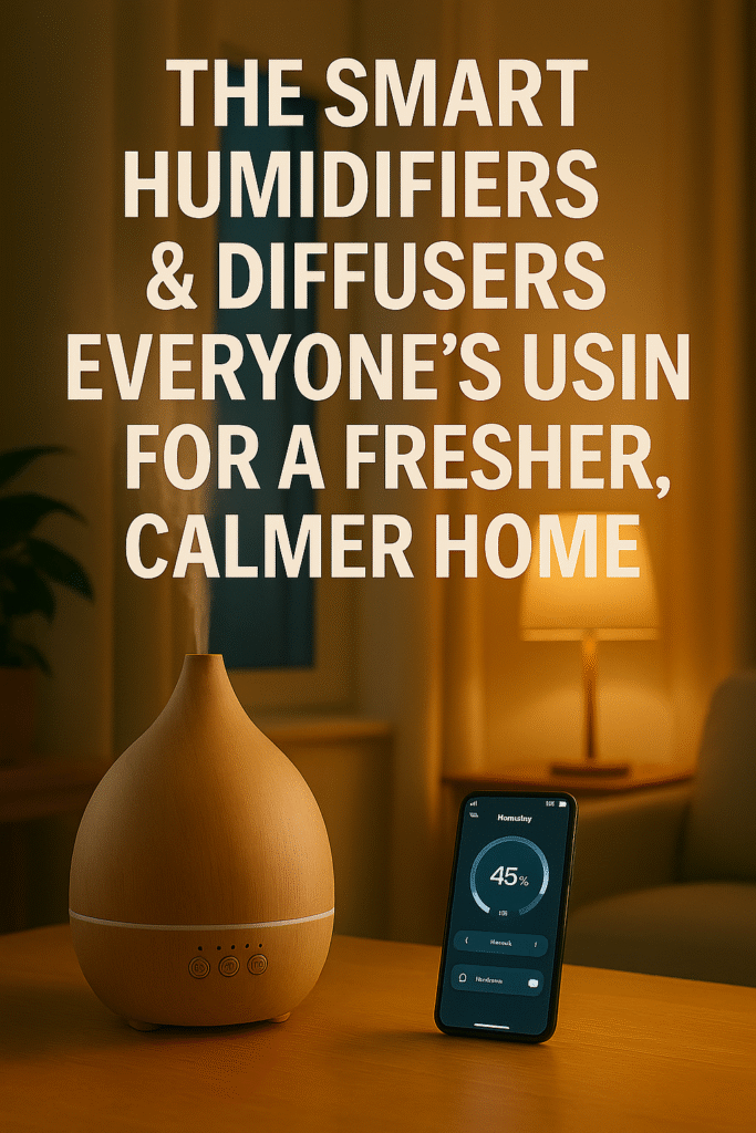 Smart humidifier and diffuser glowing softly beside smartphone humidity app in a cosy UK living room at night, with warm lamp light and bold headline text promoting a fresher, calmer home.