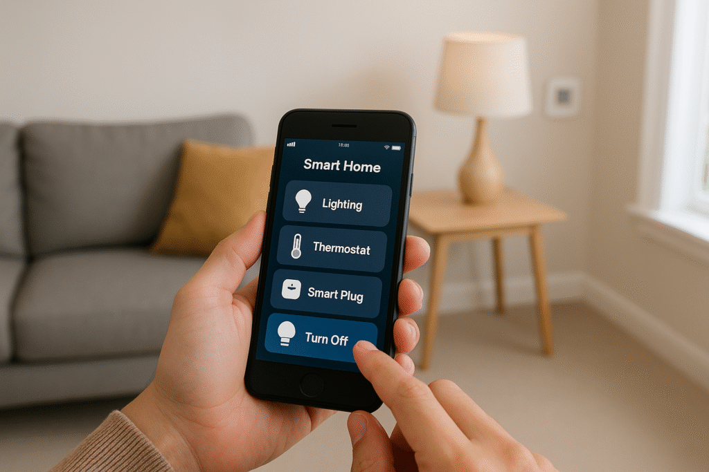 Close-up of a person using a smartphone app to control smart home devices like lighting, thermostat, and smart plugs in a modern UK living room.