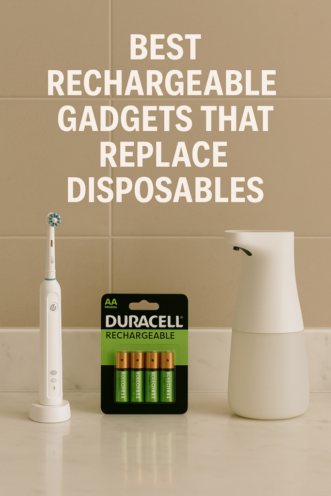 A clean, modern bathroom countertop featuring an Oral-B electric toothbrush, a pack of Duracell rechargeable AA batteries, and a sleek automatic soap dispenser, with beige tiles and bold text reading “Best Rechargeable Gadgets That Replace Disposables.”