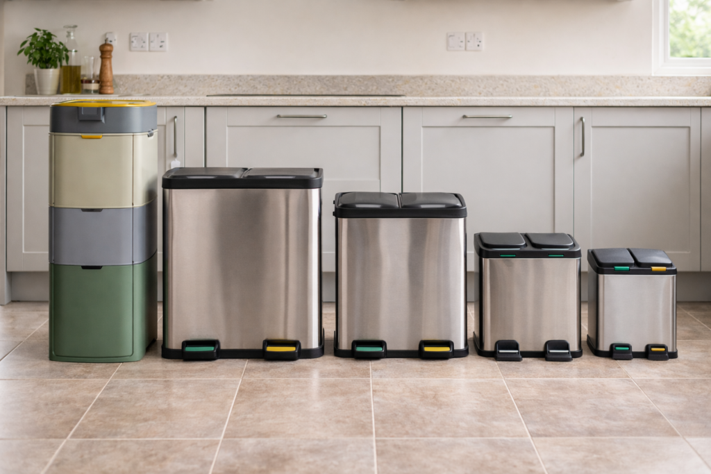 Five kitchen recycling bins lined up showing size and design comparison from tall vertical model to compact two-compartment options