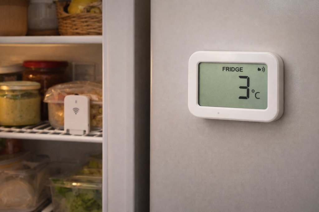 Wireless fridge thermometer sensor inside fridge with external display showing 3 degrees celsius on fridge door