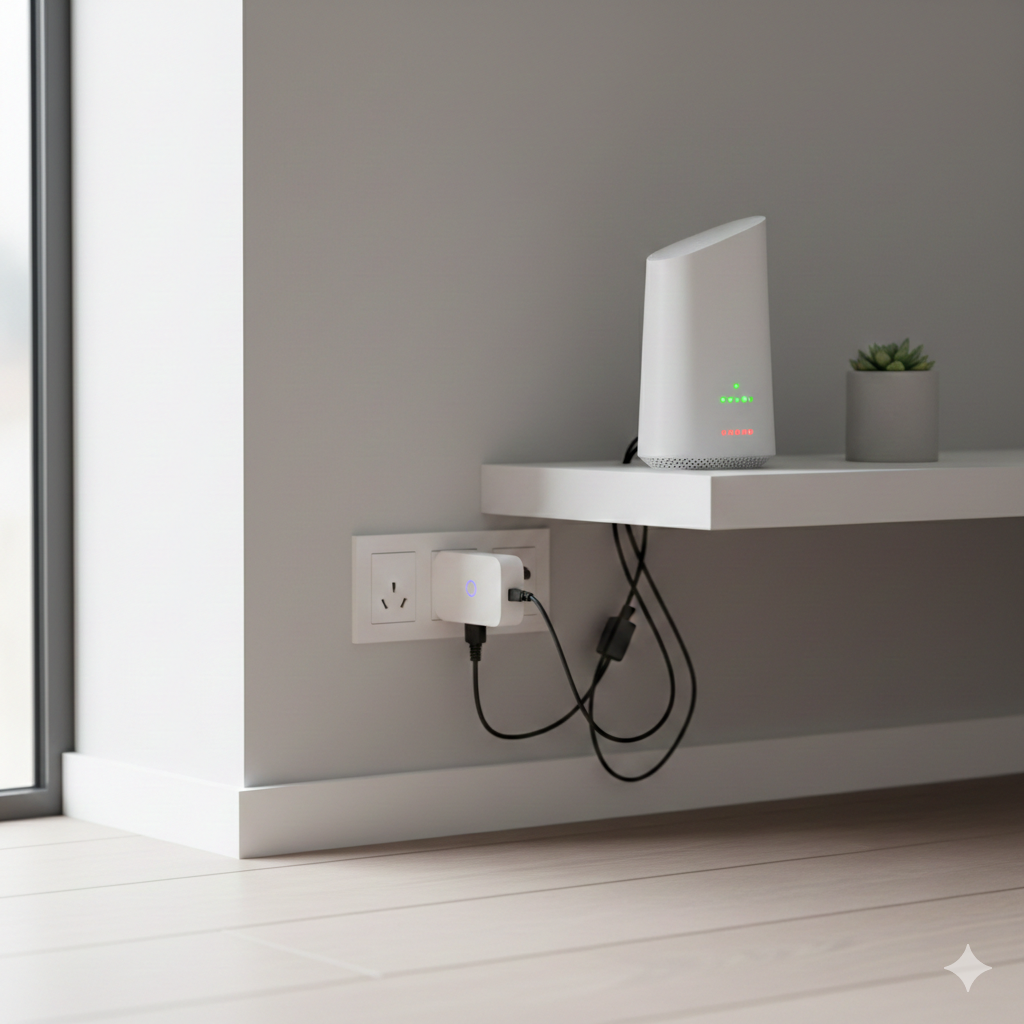 A realistic 3D render of a modern UK home interior. A white smart plug is plugged into a wall socket, with a subtle blue indicator light visible on the plug itself. Wires run from the plug and the socket to a sleek, modern white router sitting on a nearby low white shelf. The router's front face displays several LED indicator lights: two are glowing green (indicating good status), and one is glowing red or amber (suggesting a connectivity issue). The scene is clean, minimalist, and brightly lit with natural light from a window visible on the left. A small potted succulent sits on the shelf next to the router.