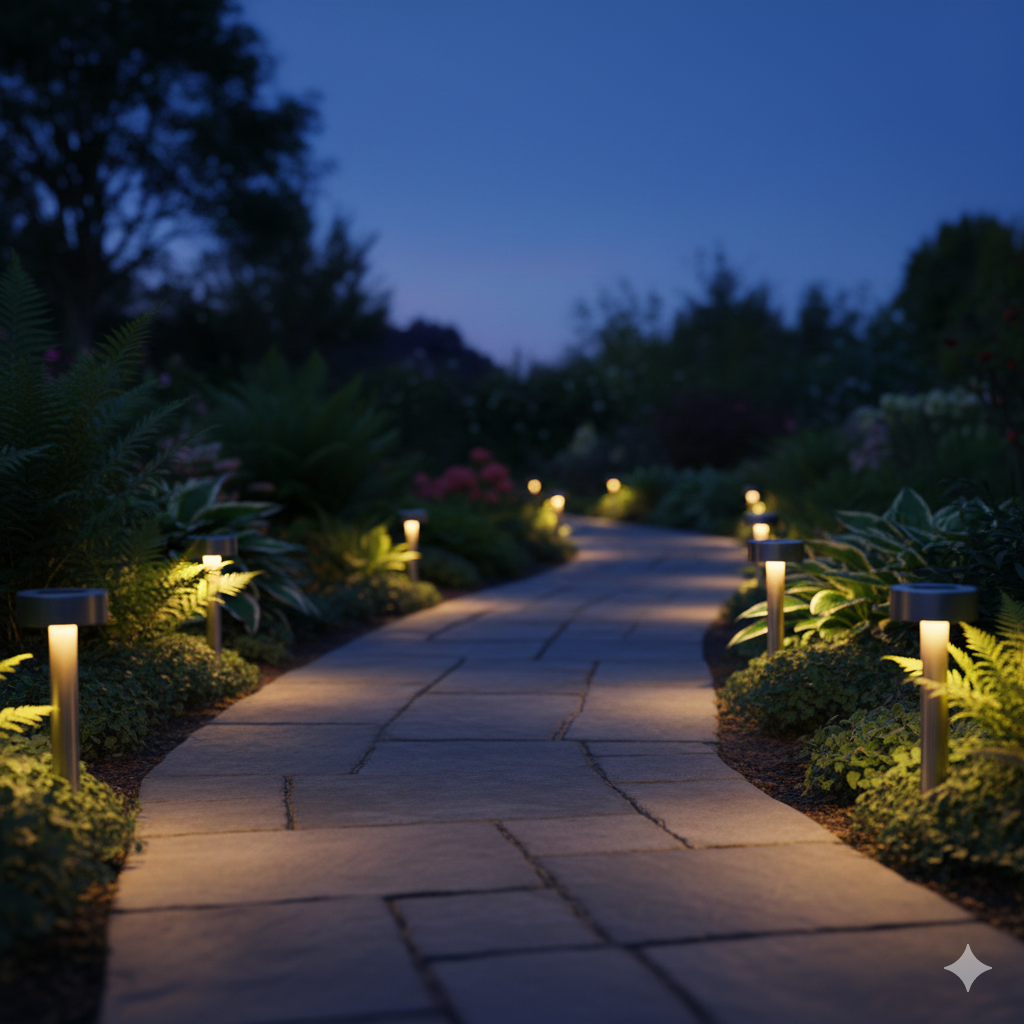 Alt Text: A UK garden pathway scene at dusk, where the sky is a deep blue transitioning to night. The pathway, made of light-coloured paving stones, is lined on both sides by a series of solar stake lights. Each light emits a soft, warm amber glow, clearly defining the edge and length of the path, emphasizing guidance and safety. Lush green hedges and foliage frame the path, adding natural context to the ambient lighting.