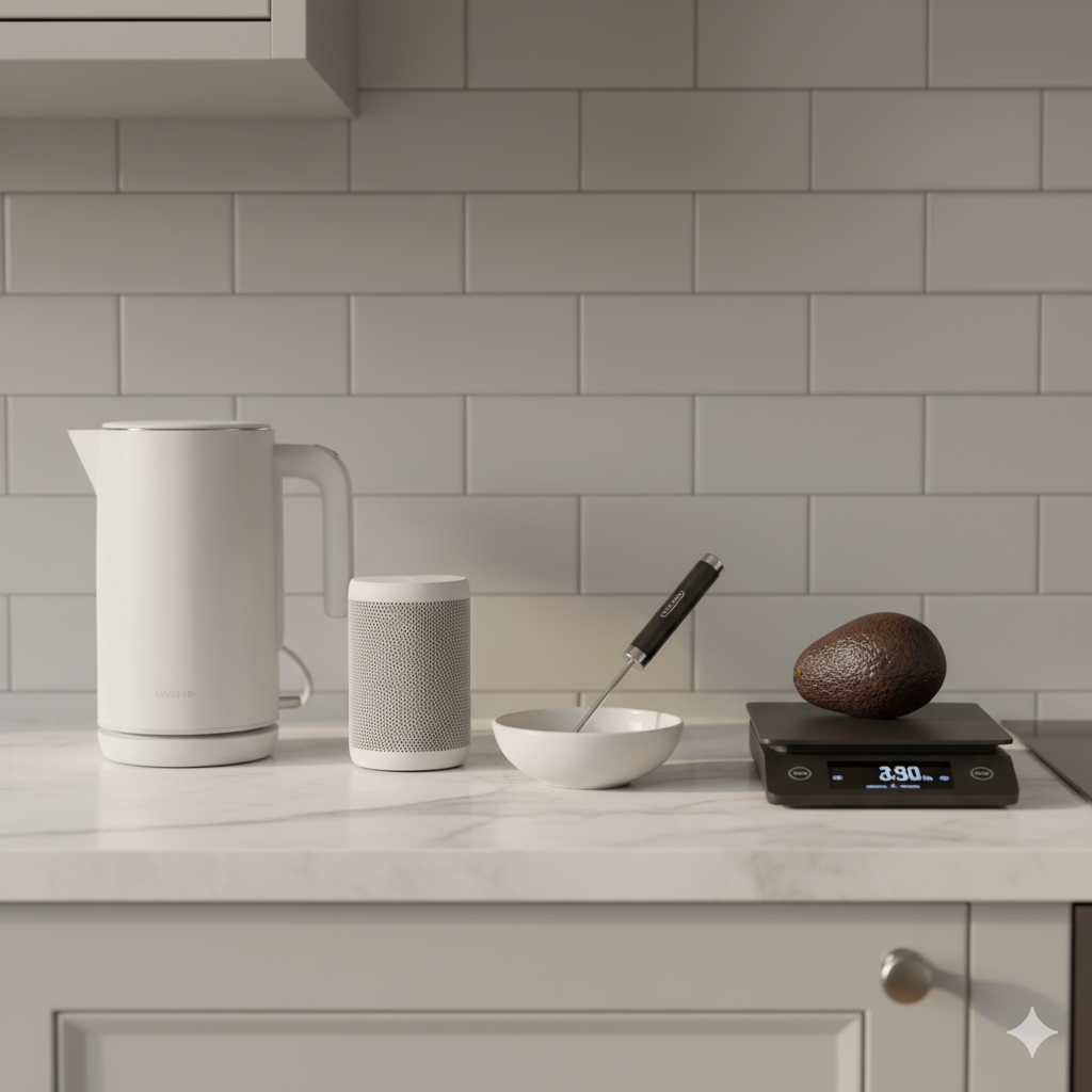 A clean, aesthetically arranged kitchen counter with soft natural light, conveying a warm UK-home atmosphere. The scene highlights smart cooking tools, including a white smart kettle next to a small voice-activated speaker, a wireless temperature probe resting in a small white dish, and a digital kitchen scale measuring a single piece of fruit, illustrating modern, precise cooking hacks.