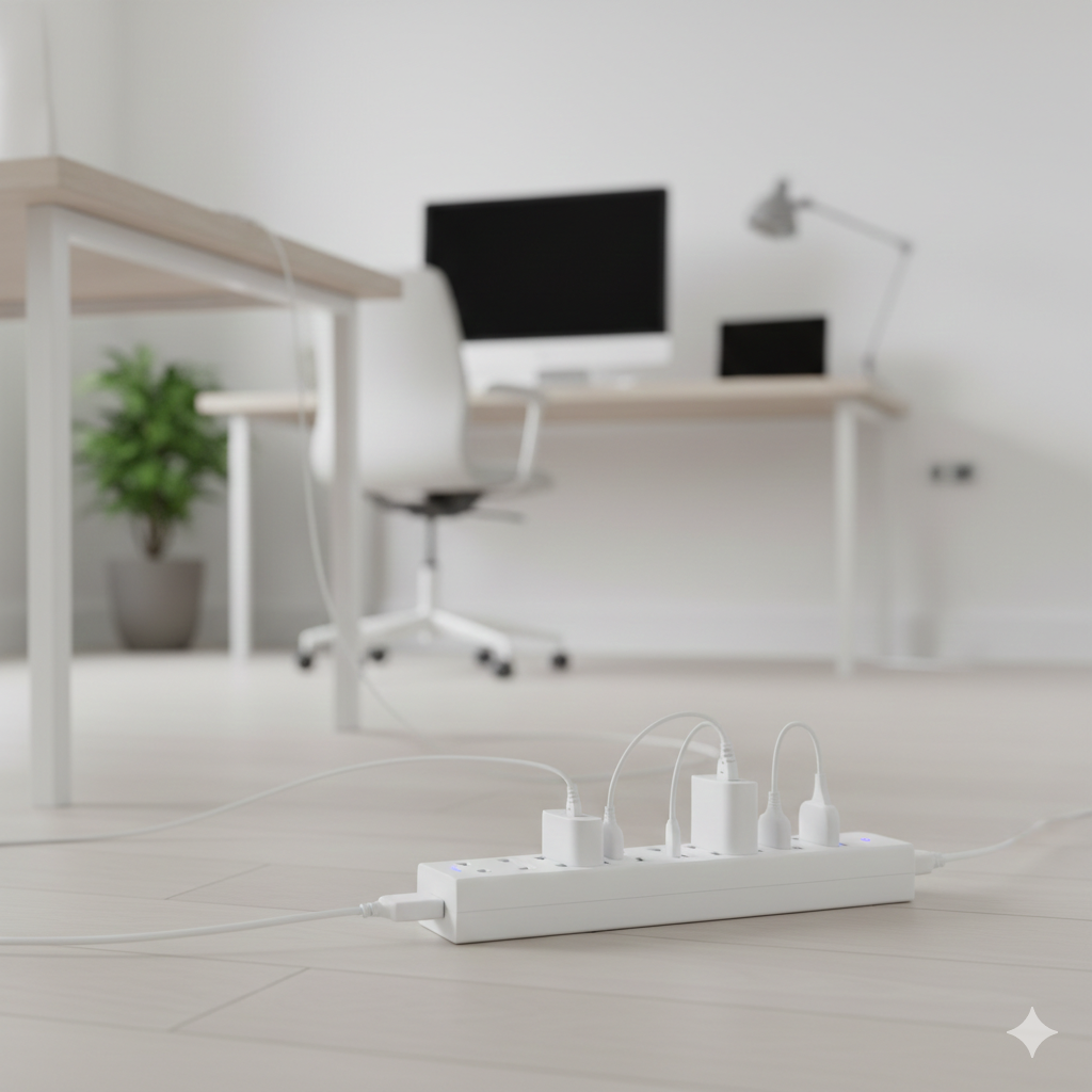 Alt Text: A white smart power strip with multiple plugs and USB chargers connected, resting on a light wooden floor in a clean, minimalist home office environment. A desk, computer screen, and an office chair are visible in the blurred background.