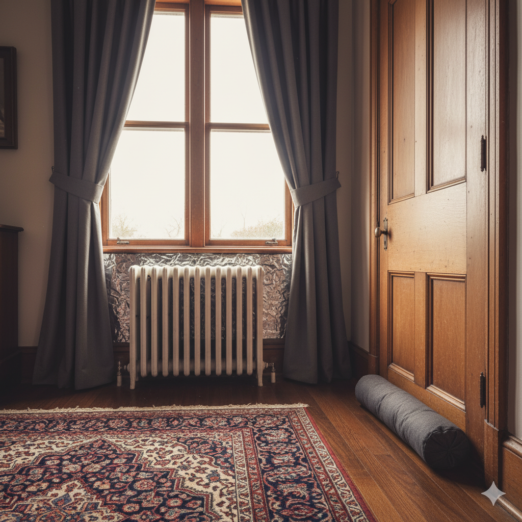 A cozy, close-up interior view of a room in an older home, highlighting simple insulation layers. A **thick thermal curtain** hangs over the window. A **draft excluder (or 'door snake')** is visible along the bottom of the door frame. In the foreground, a traditional cast iron **radiator** has a visible piece of **reflective foil** installed directly behind it on the wall. The scene illustrates three easy, non-renovation ways to improve home insulation.
