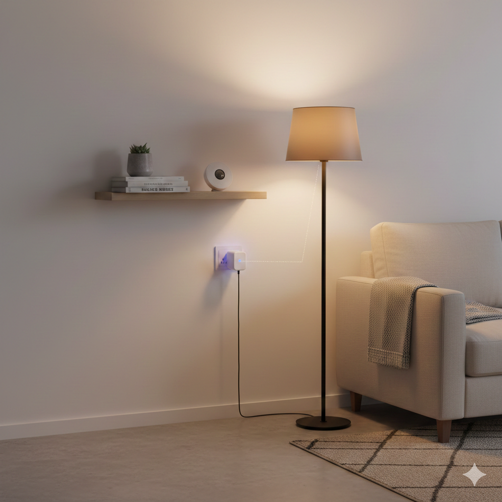 A modern, minimal UK living room corner at evening. A smart plug is visible in the wall socket, slightly glowing blue/purple to indicate power/connection. A floor lamp with a warm, soft-glowing smart bulb is plugged into the smart plug. On a small, light wooden shelf above the plug, a small, white spherical motion sensor is placed next to a succulent plant. The overall lighting is warm and cozy, suggesting a connected, automated home setup.