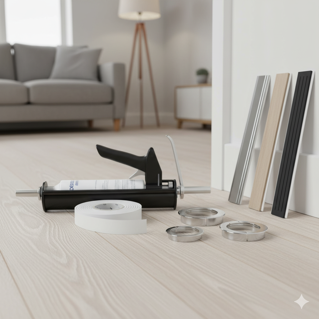 A collection of DIY draught-proofing tools and materials laid on a wooden floor, including a **caulking gun**, a roll of **sealant tape**, several **radiator pipe collars**, and **threshold strips**, all used to seal gaps around skirting boards and floors.