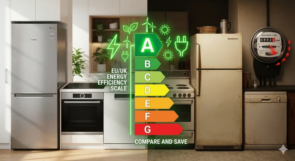 Close-up of modern EU/UK appliance energy label scale from A to G glowing in front of kitchen appliances including fridge freezer dishwasher oven and washing machine, bright modern kitchen background, green efficiency icons and electricity symbols, clean infographic style mixed with realistic photography


