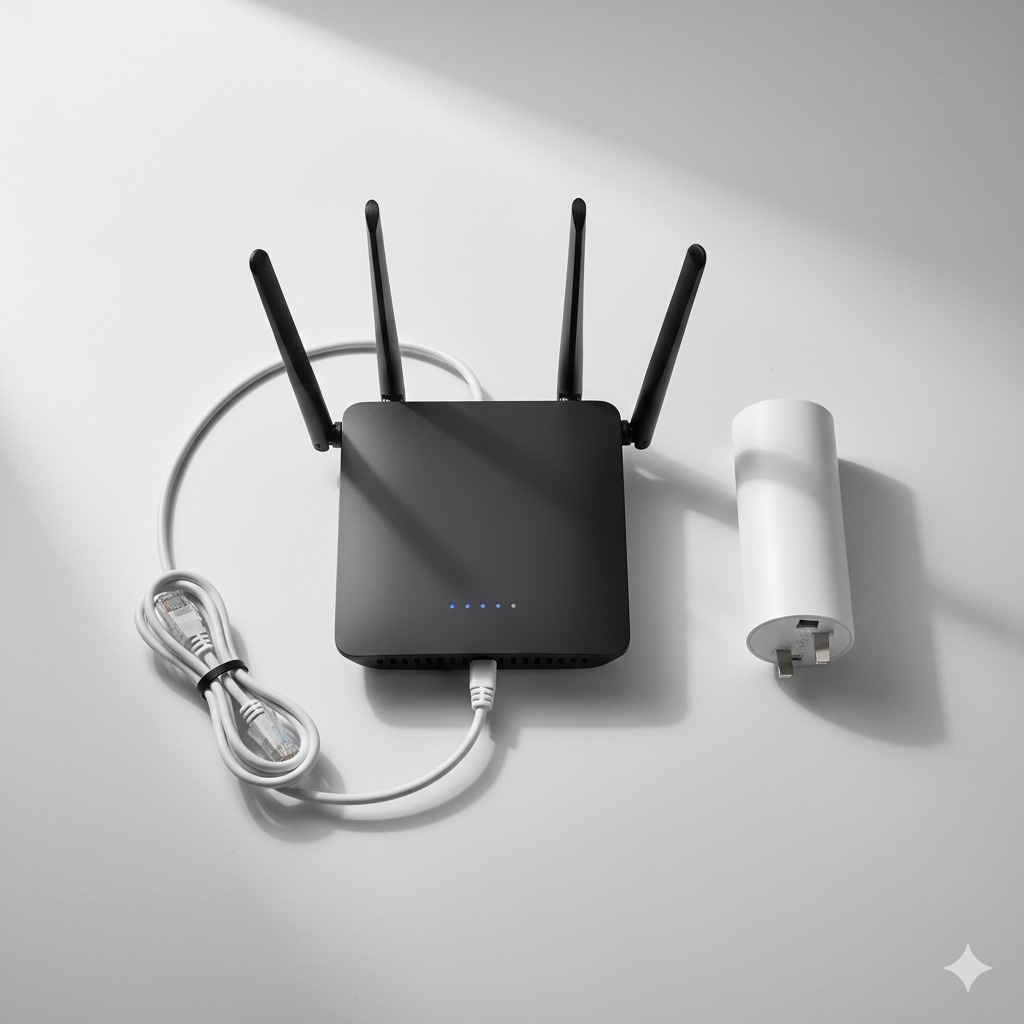 A top-down, product-style flat-lay image showing a modern black Wi-Fi router and a white range extender resting side-by-side on a clean white desk. The extender clearly displays a UK-style three-pin plug. The scene is illuminated by soft natural light, and the few visible cables are tidy, conveying a minimal, reliable, and clean technology setup.
