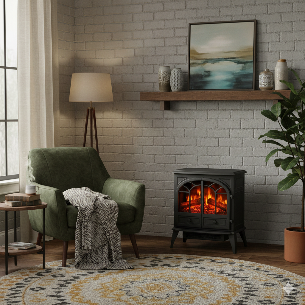An inviting living space featuring a realistic electric fire uk - black, traditional-style HOMCOM freestanding electric fireplace with glowing embers, placed on a wooden floor with a round, yellow and white patterned rug. The room has a light gray brick accent wall with a floating wooden shelf adorned with decor, a tall window, a floor lamp, and a comfortable green armchair with a knitted blanket.