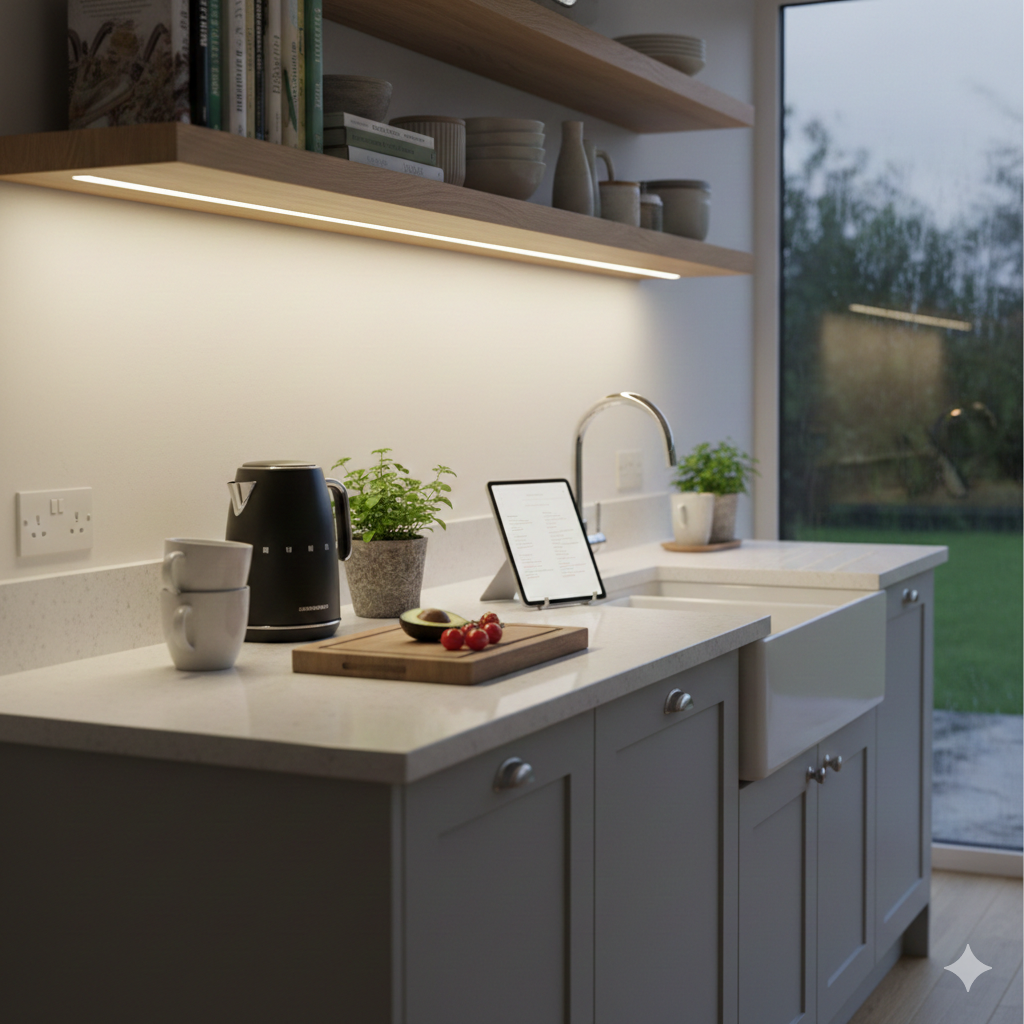Alt Text: A modern UK kitchen showing a cozy, practical scene. Smart LED strips installed under light wood open shelving cast a warm white light onto the white countertop below. The counter features a deep ceramic sink, a black kettle, stacked mugs, and a cutting board with an avocado and cherry tomatoes, emphasizing everyday use. A tablet displays a recipe. The overall mood is clean, ambient, and focused on utility.