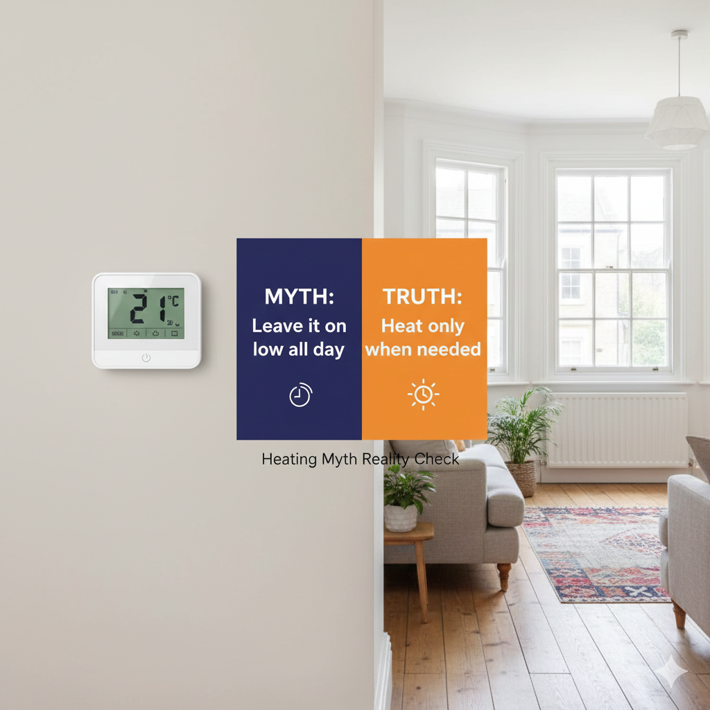 A side-by-side visual comparison in a typical UK living room. On the left, a digital thermostat is set to $21^\circ\text{C}$ with a visible text overlay reading: "Myth: Leave it on low all day." On the right, the same thermostat is shown with an instruction overlay reading: "Truth: Heat only when needed." A radiator is partially visible below the thermostat.